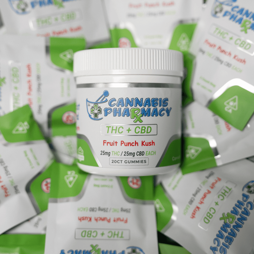 Cannabis Pharmacy 1:1 Delta-9 THC Gummies | 25mg THC &amp; 25mg CBD - Fruit Punch Kush - 20ct