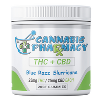Cannabis Pharmacy 1:1 Delta-9 THC Gummies | 25mg THC &amp; 25mg  CBD - Blue Razz Slurricane - 20ct