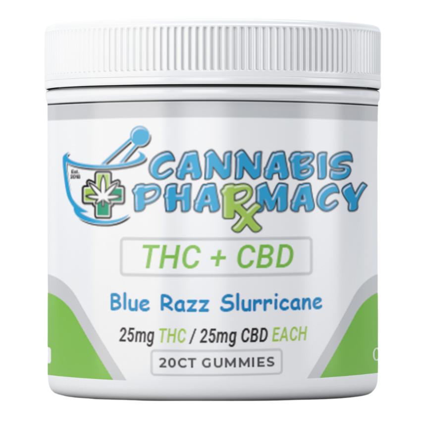 Cannabis Pharmacy 1:1 Delta-9 THC Gummies | 25mg THC &amp; 25mg  CBD - Blue Razz Slurricane - 20ct