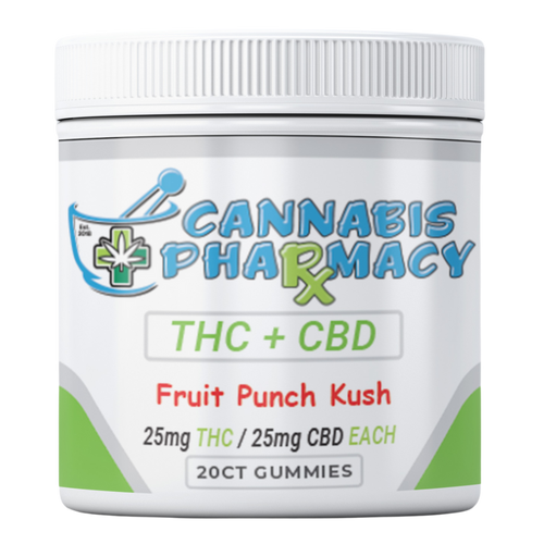 Cannabis Pharmacy 1:1 Delta-9 THC Gummies | 25mg THC &amp; 25mg CBD - Fruit Punch Kush - 20ct