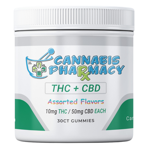 Cannabis Pharmacy THC Blend CBD Gummies | 50mg CBD + 10mg Delta 9 THC - Assorted Flavors - 30ct
