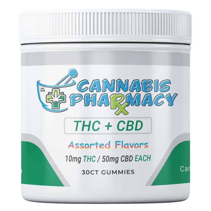 Cannabis Pharmacy THC Blend CBD Gummies | 50mg CBD + 10mg Delta 9 THC - Assorted Flavors - 30ct