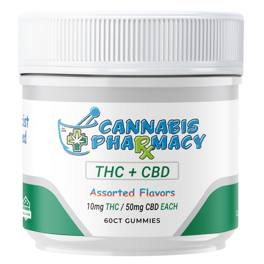 Cannabis Pharmacy THC Blend CBD Gummies | 50mg CBD + 10mg Delta 9 THC - Assorted Flavors - 60ct