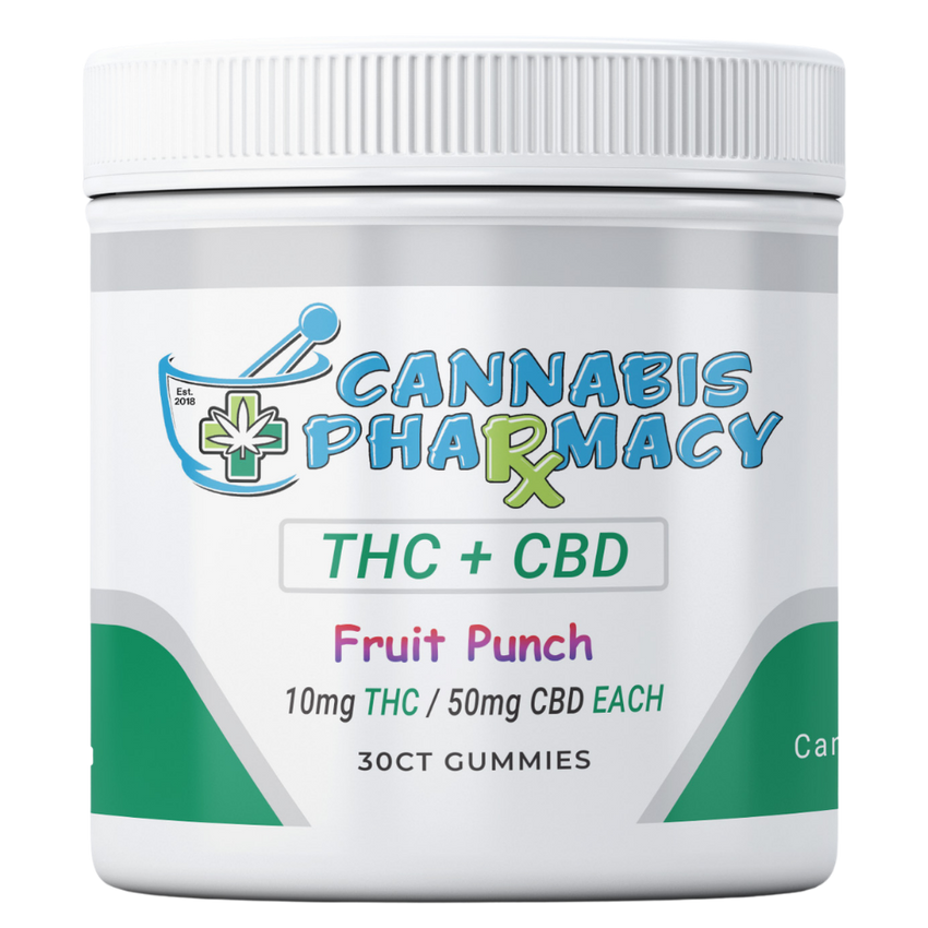 Cannabis Pharmacy | THC Blend CBD Gummies | 50mg CBD + 10mg Delta 9 THC - Fruit Punch - 30ct