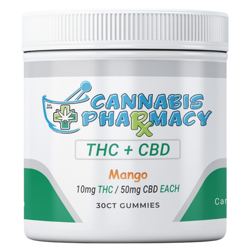 Cannabis Pharmacy THC Blend CBD Gummies | 50mg CBD + 10mg Delta 9 THC - Mango - 30ct